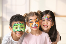 Funny Little Children With Face Painting At Home