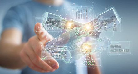 Poster - Man holding and touching green renewable energy battery 3D rendering