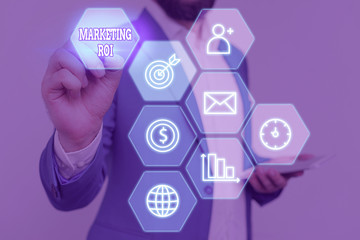 Poster - Conceptual hand writing showing Marketing Roi. Concept meaning the contribution to profit attributable to marketing