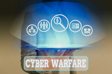 Poster - Writing note showing Cyber Warfare. Business concept for activity of using the internet to attack a country computers