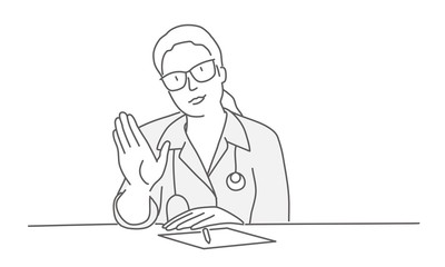 Sticker - Woman doctor with glasses shows stop gesture. Line drawing vector illustration.