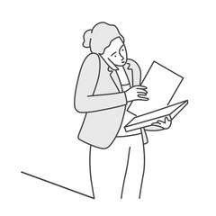 Wall Mural - Woman with documents talking on her cell phone. Line drawing vector illustration. 