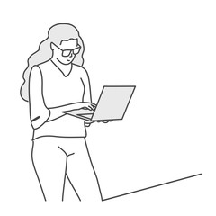 Sticker - Girl with glasses uses a laptop computer while standing. Line drawing vector illustration.