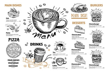 Poster - Restaurant cafe menu, template design. Flyer with hand-drawn graphic.