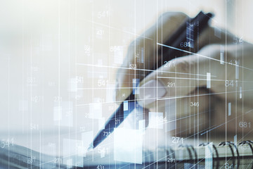 Poster - Double exposure of abstract creative statistics data hologram with woman hand writing in notepad on background, analytics and forecasting concept