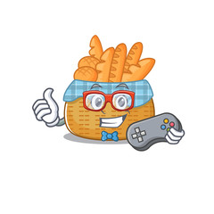 Wall Mural - Cool gamer of bread basket mascot design style with controller