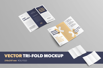 Poster - Set of open business trifolds on a gray background, front and rear view, with realistic shadows.