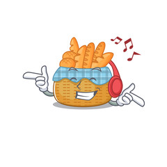 Sticker - enjoying music bread basket cartoon mascot design