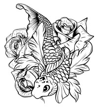 Illustration Of Koi Fish. Drawing Vector. Vector Illustration Japanese Motif. Japan Background. Hand Drawn Of Japan.