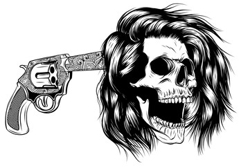 Wall Mural - Smiling skull with revolver for tattoo design. vector