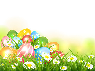 Wall Mural - Nature Background with Colorful Easter Eggs in Grass