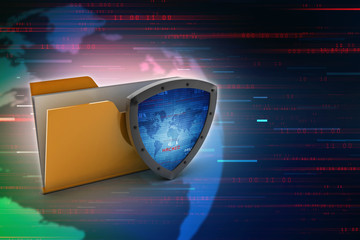 Poster - laptop folder with shield. Isolated 3d rendering image