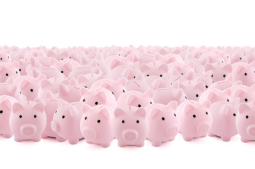 Canvas Print - Large group of pink piggy banks on white background