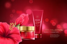 Cosmetics Products With Luxury Collection Composition On Red Blurred Bokeh Background With Hibiscus Flower. Vector Illustration