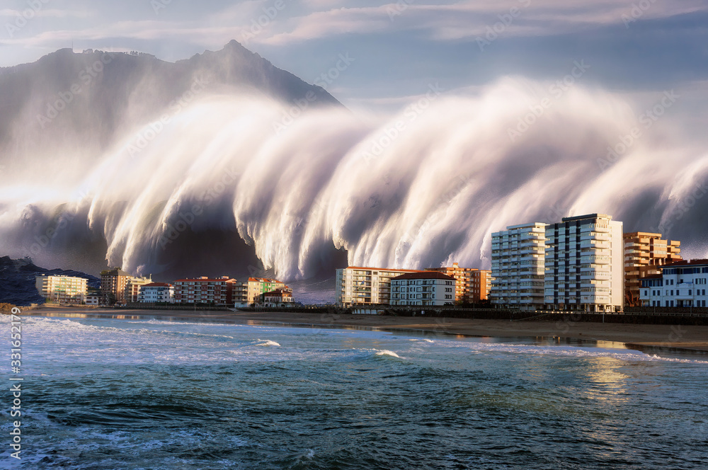 tsunami with a big wave crashing on coast houses - obrazy, fototapety, plakaty 