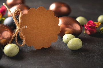 Wall Mural - Blank brown tag with Easter eggs. Happy Easter greeting card