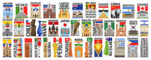 Vector Set Of American And Asian Countries With Flags And Symbols, 38 Isolated Vertical Labels With National State Flags And Brush Font For Different Words, Decorative Stickers For Independence Day.