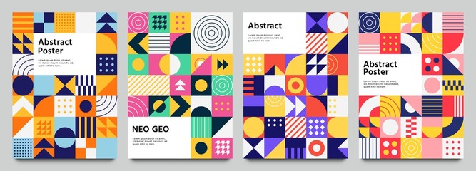 colorful neo geometric poster. grid with color geometrical shapes. modern abstract promotional flyer