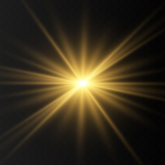 Set of Golden glowing lights effects isolated on transparent background. Flash of the sun with rays and searchlight. The glow effect. The star burst into brilliance.