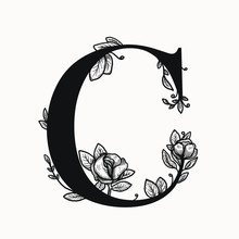Vector Letter C Drop Caps Big Initial With Floral Decorations. Graphic Design Elements . First Letter Of The Paragraph Isolated Ornate Design. Serif Letter B With Floral Illustrations.