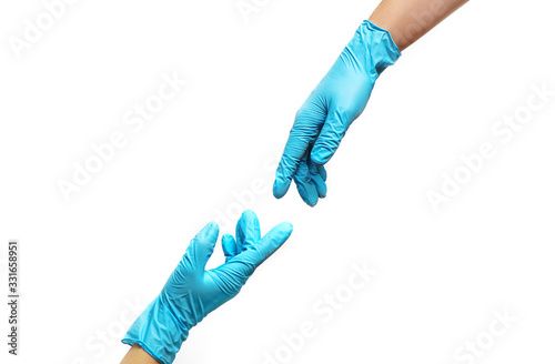 Hands of people in medical gloves reaching out for each other on white background Poster Mural XXL