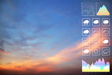 Wall Mural - weather forecast symbol data presentation with graph and chart on dramatic atmosphere panorama view 
