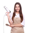 © LumenSt - Young woman in apron isolated on white background. Hairdresser concept