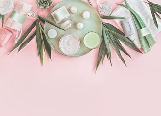 modern beauty and skin care. various natural cosmetic products with bamboo branches and aloe vera le