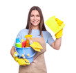 © LumenSt - Young woman in apron isolated on  white background. Cleaning concept