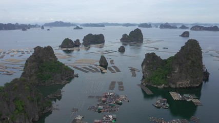 Wall Mural - Aerial view of free stock footage over natural rocks green tops Bai Tu Long bay floating fishing village, sea blue azure water. Near Halong bay. Asia, Vietnam