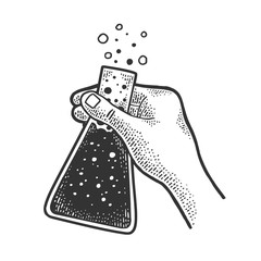 chemical flask with liquid in hand sketch engraving vector illustration. T-shirt apparel print design. Scratch board imitation. Black and white hand drawn image.