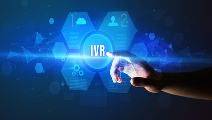 Poster - hand touching ivr inscription, new technology concept