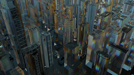 Poster - 3d render of abstract city made of glass. Refractive, reflective transparent material. Wide angle camera