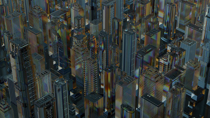 Poster - 3d render of abstract city made of glass. Refractive, reflective transparent material.