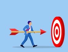Businessman Aim Arrow To Target. Goal Setting. Smart Goal. Business Target Concept. Achievement And Success. Vector Illustration In Flat Style
