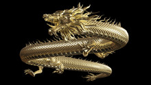 3D Rendering Full Body Chinese Dragon Crawl Pose On Black Background Include Alpha Path.
