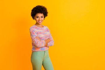 Poster - Turned photo of cheerful cool afro american girl cross hands successful freelancer concept wear good look outfit isolated over bright color background