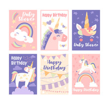 Set Of 6 Pretty Muted Birthday Cards And Baby Shower Greeting Cards With Unicorns And Rainbows In Shades Of Pink And Blue, Vector Illustration
