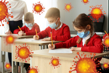 Sticker - Little pupils in protective masks during lesson in school. Concept of Coronavirus epidemic