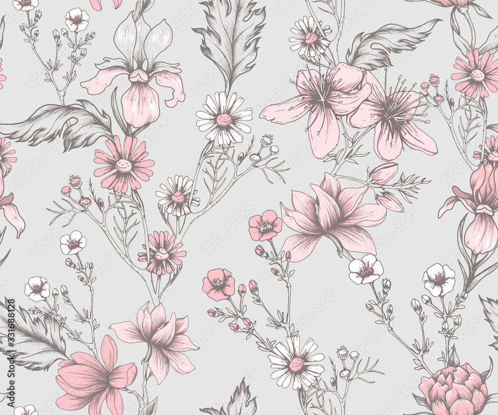 Seamless vintage pattern with flowers Stock Vector | Adobe Stock
