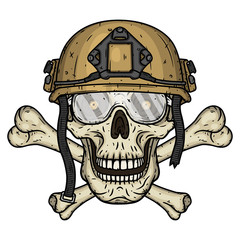 Wall Mural - Skull in black helmet. T-shirt print concept. Soldier skull. Vector illustration.