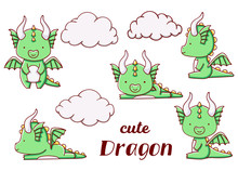 Set Cute Kawaii Hand Drawn Green Dragon Doodles, Isolated On White Background, Clipart