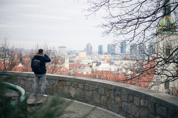 Guy looking at the center of the old town of Bratislava