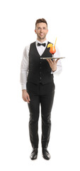 Wall Mural - Handsome male waiter on white background