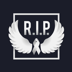 Wall Mural - white ribbon and white peace wings in frame and r.i.p. text on dark background vector design