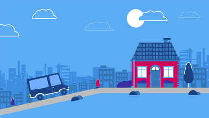 Wall Mural - blue car drives to house through the city vector illustration