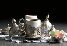 Turkish Coffee With Delight And Traditional Copper Serving Set