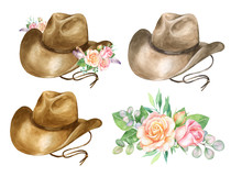  Watercolor Illustration Of A Cowboy Hat With Floral Decorations.