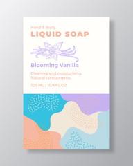 Wall Mural - Liquid Soap Package Label Template. Abstract Shapes Camo Background Vector Cover. Cosmetics Packaging Design. Modern Typography and Hand Drawn Vanilla Spice Sketch.