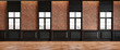 Classic loft room interior with brick wall classic wall panel and windows. 3d render illustration mock up.